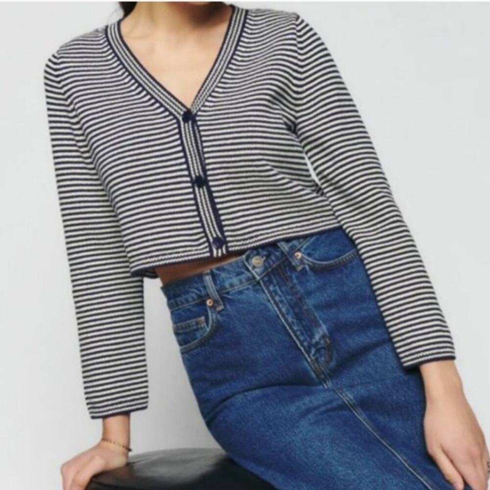 Reformation Justine Cotton Cardigan Gerald Stripe White Navy Size Small